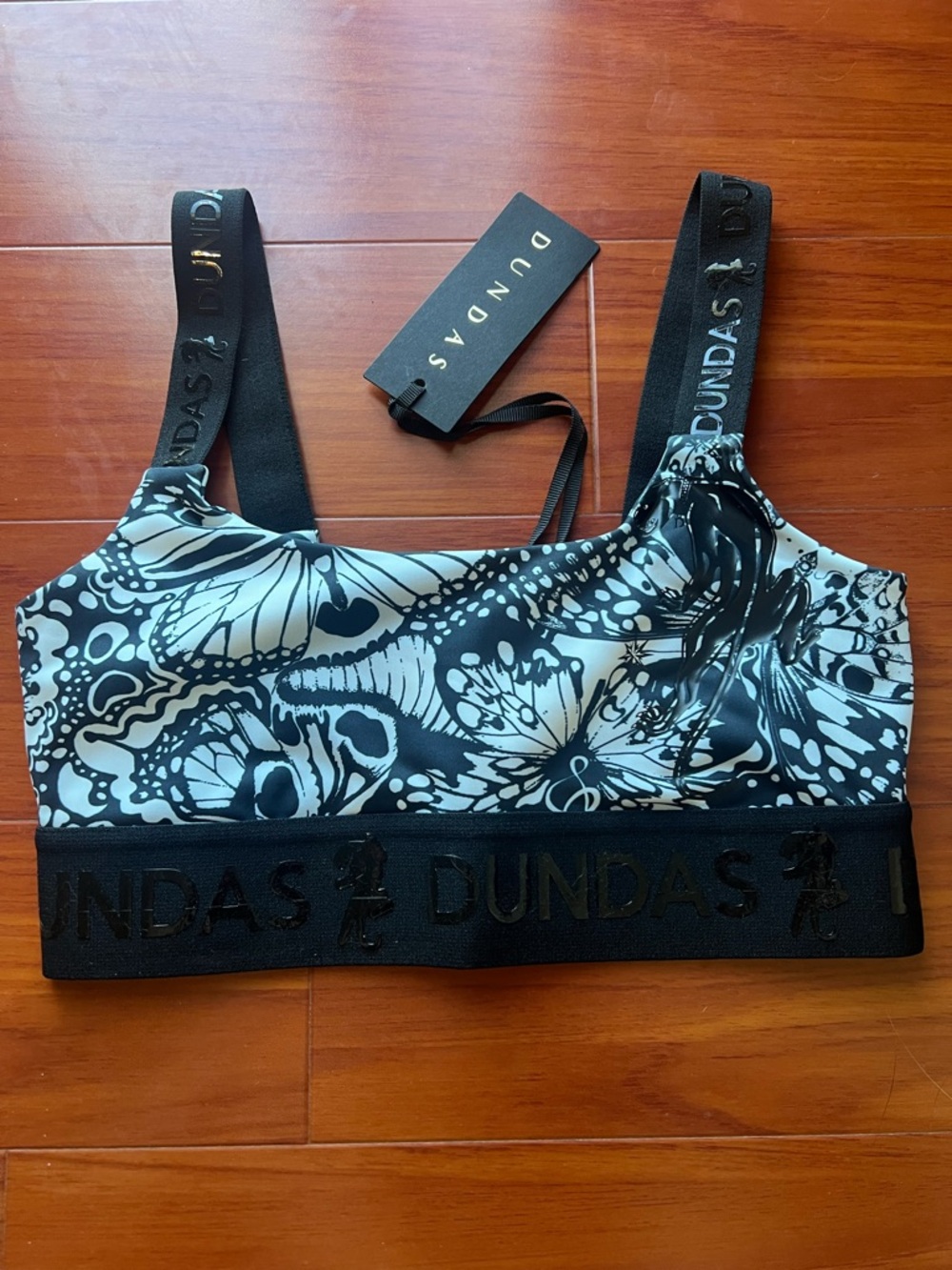DUNDAS Black and White Butterfly-Print Sports Bra